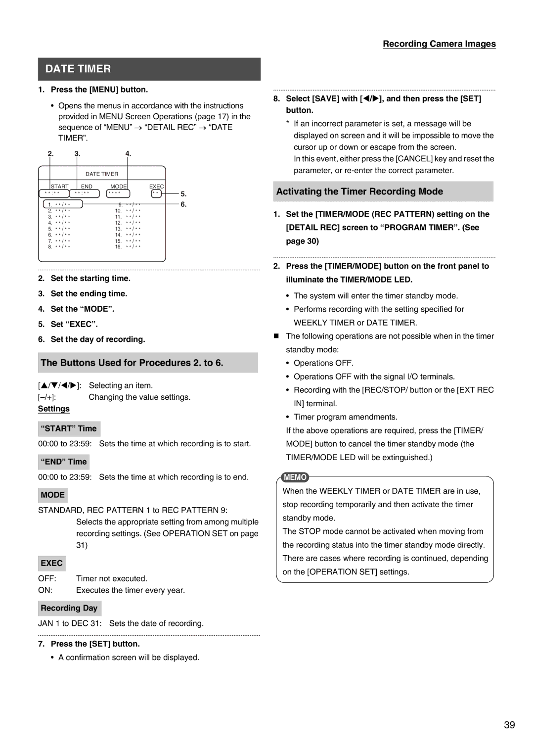 JVC VR-509E instruction manual Date Timer, Activating the Timer Recording Mode, Settings Start Time 