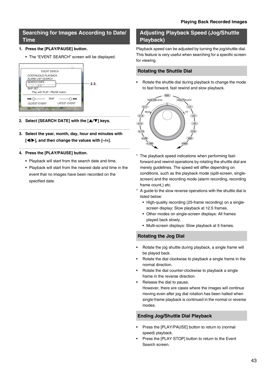 JVC VR-509E instruction manual Searching for Images According to Date/ Time, Adjusting Playback Speed Jog/Shuttle Playback 