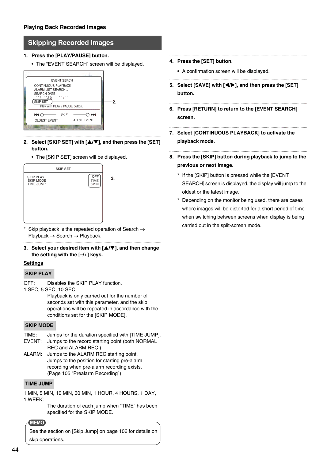 JVC VR-509E Skipping Recorded Images, Select Skip SET with S/T, and then press the SET button, Skip Play, Skip Mode 