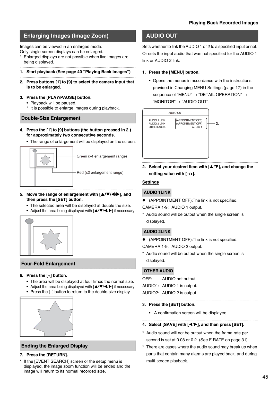 JVC VR-509E instruction manual Enlarging Images Image Zoom, Audio OUT, Double-Size Enlargement, Four-Fold Enlargement 