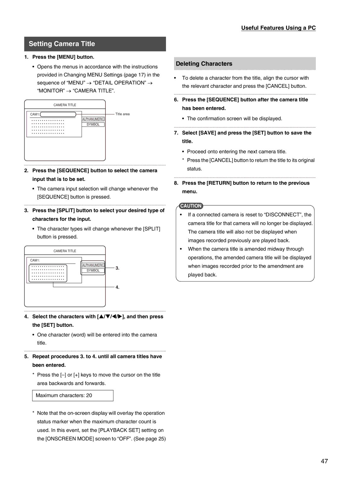 JVC VR-509E Setting Camera Title, Deleting Characters, One character word will be entered into the camera title 