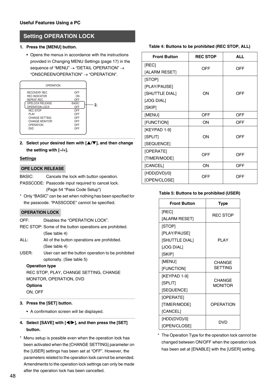 JVC VR-509E instruction manual Setting Operation Lock, OPE Lock Release, REC Stop ALL 