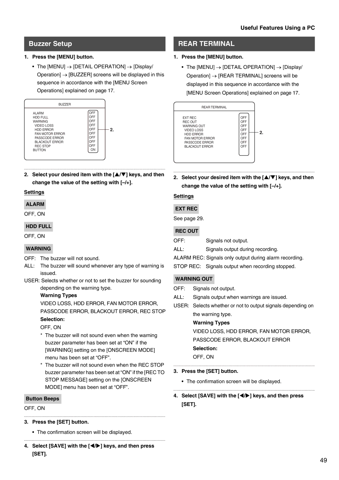 JVC VR-509E instruction manual Buzzer Setup, Rear Terminal, HDD Full, Selection, Button Beeps 