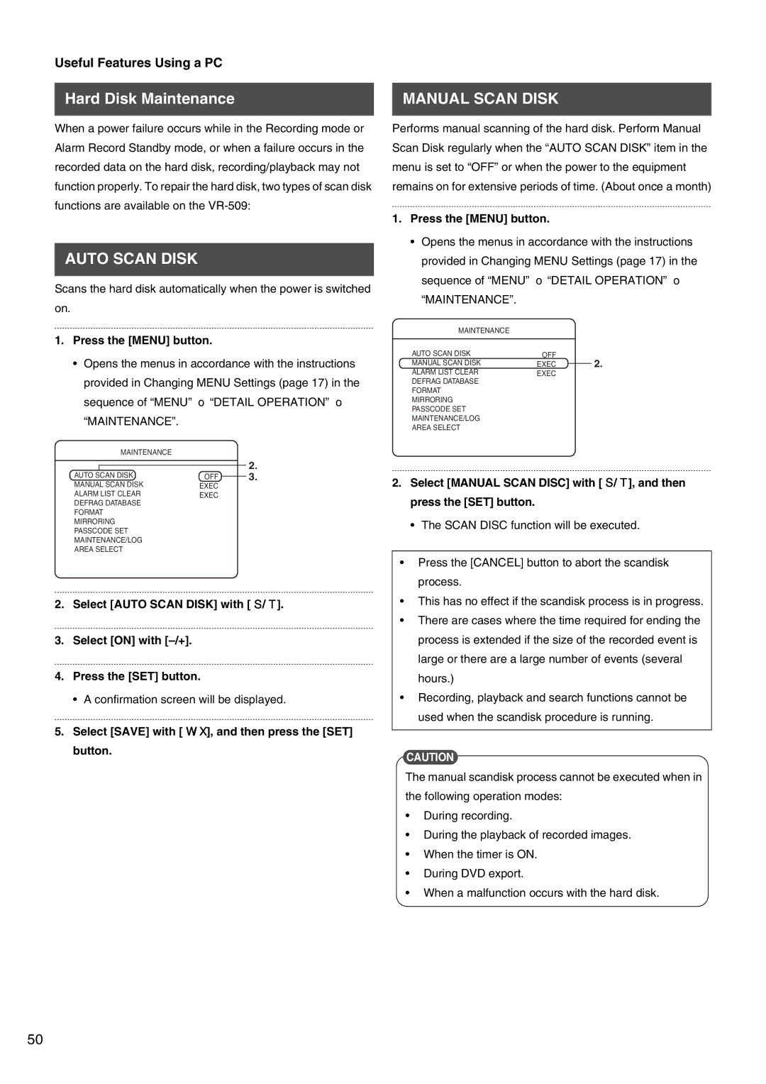 JVC VR-509E instruction manual Hard Disk Maintenance, Manual Scan Disk, Auto Scan Disk 