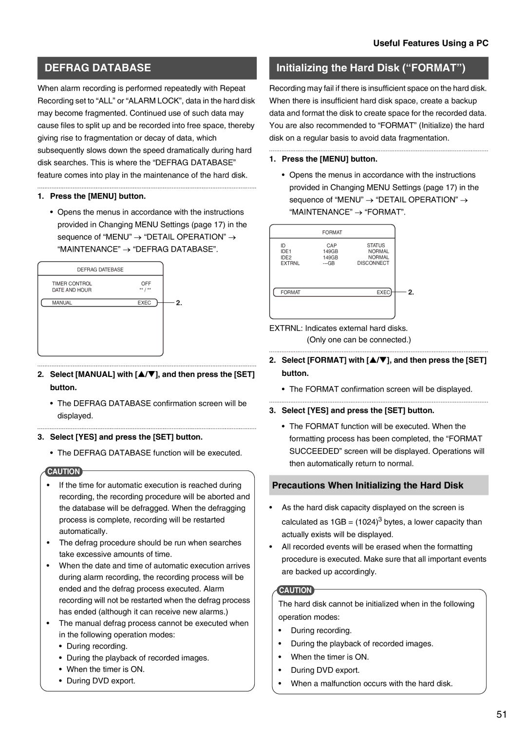 JVC VR-509E Defrag Database, Initializing the Hard Disk Format, Precautions When Initializing the Hard Disk 