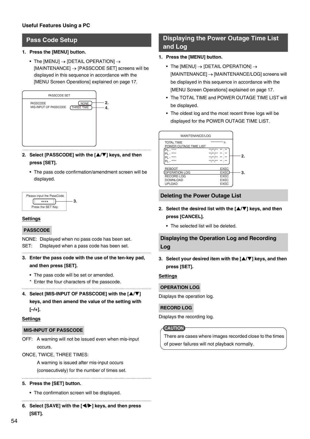 JVC VR-509E Pass Code Setup, Displaying the Power Outage Time List and Log, Deleting the Power Outage List 