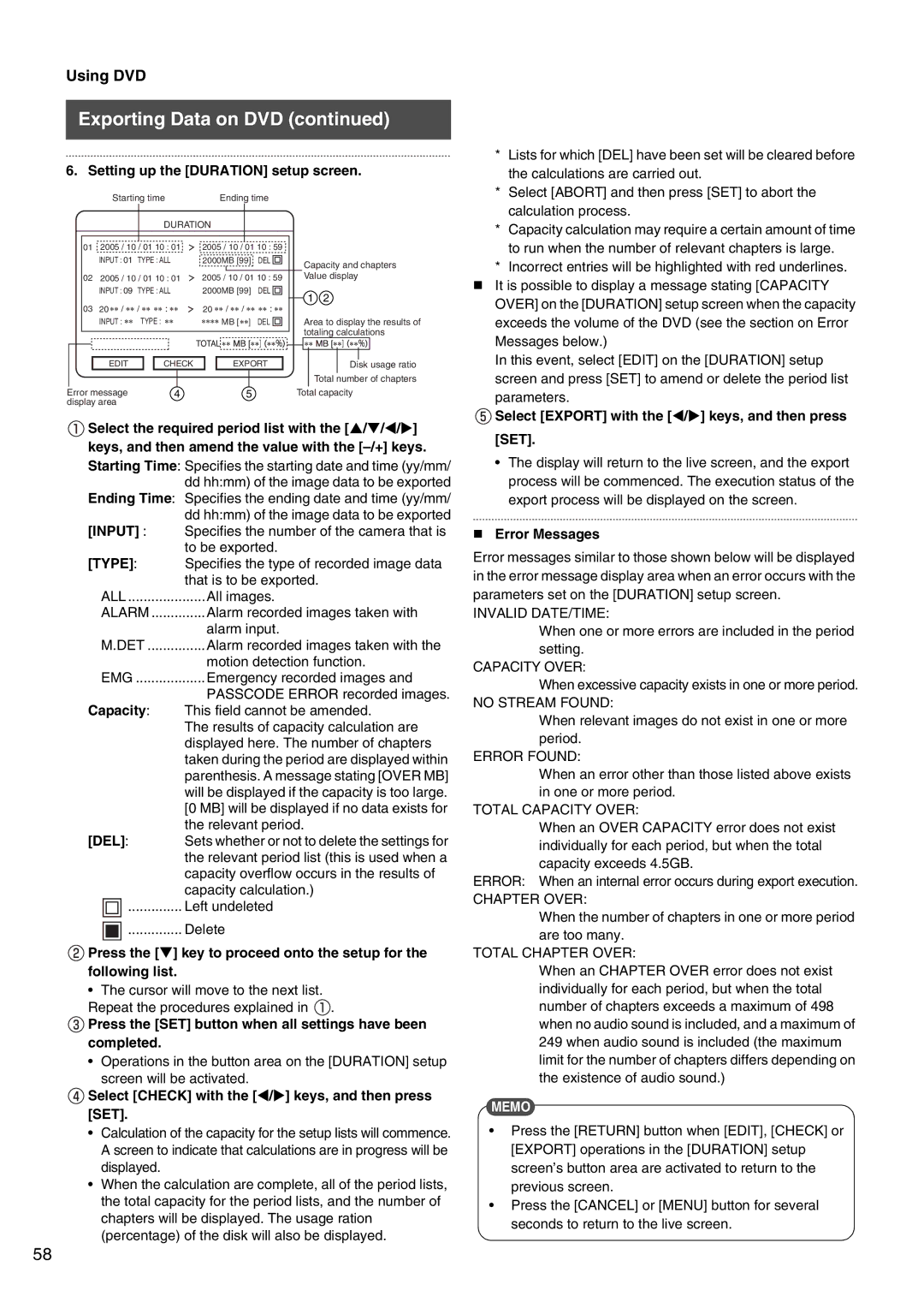 JVC VR-509E Setting up the Duration setup screen, Capacity, Del, Select Check with the W/X keys, and then press SET 