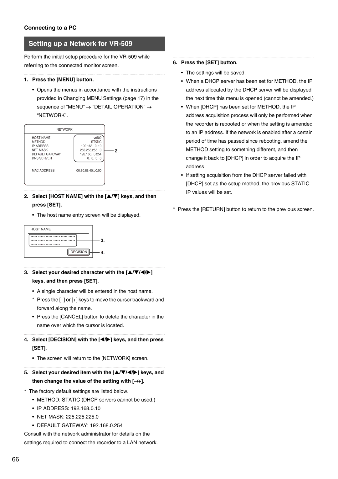 JVC VR-509E instruction manual Setting up a Network for VR-509, Select Host Name with the S/T keys, and then press SET 