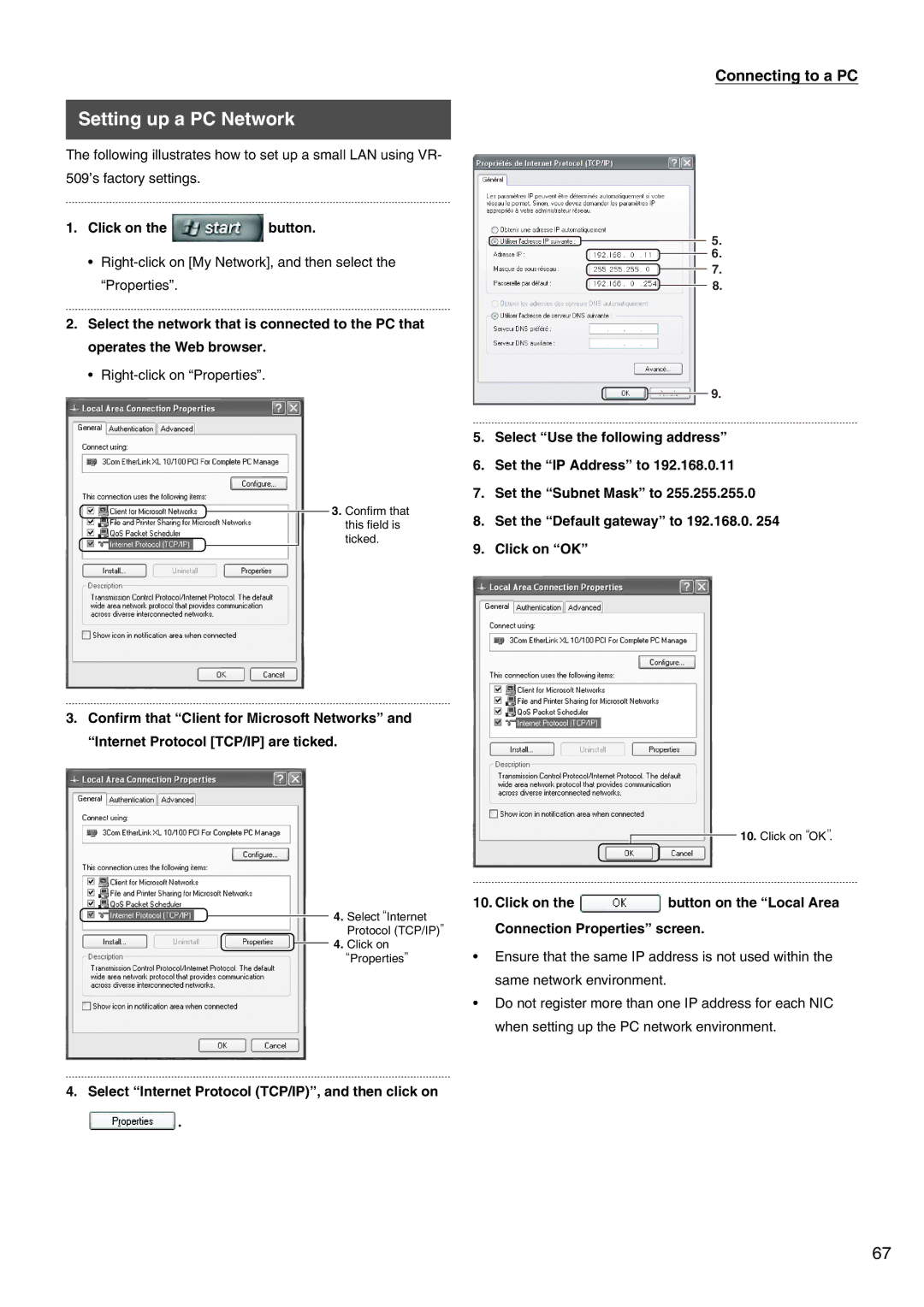 JVC VR-509E Setting up a PC Network, Click on the button, Right-click on My Network, and then select the Properties 