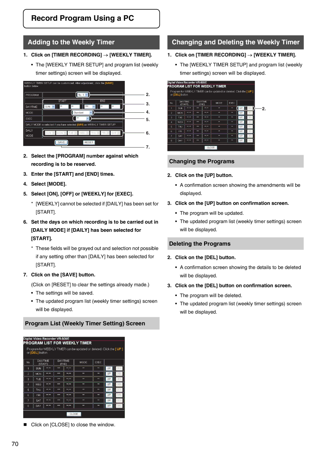 JVC VR-509E Adding to the Weekly Timer, Changing and Deleting the Weekly Timer, Program List Weekly Timer Setting Screen 