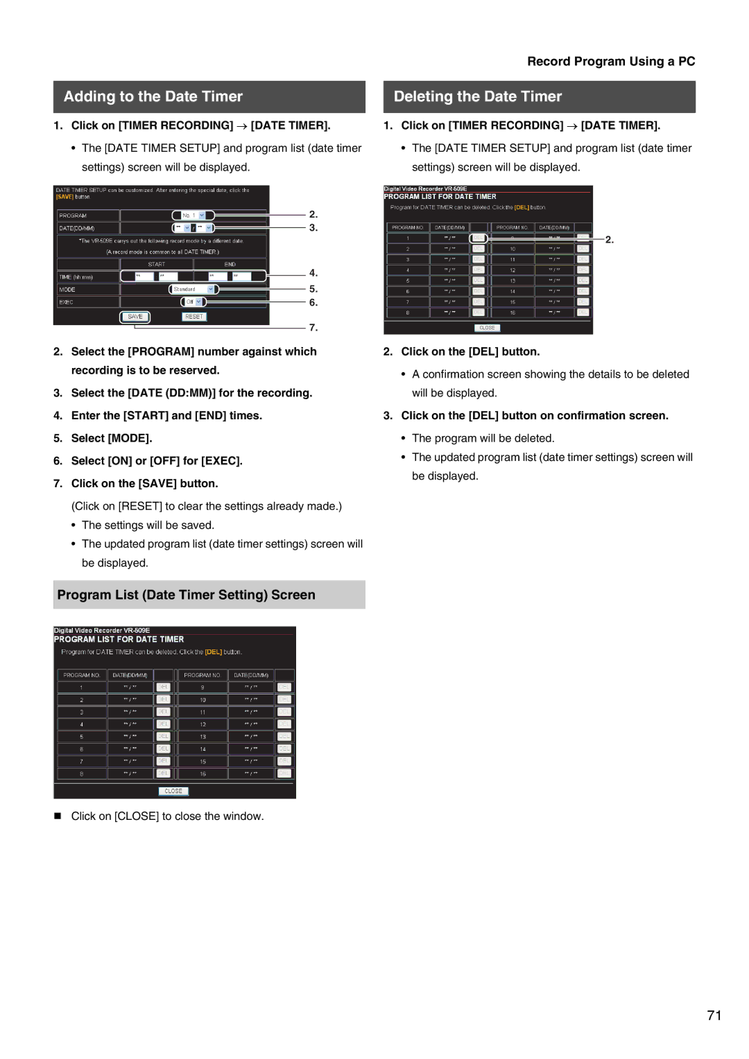 JVC VR-509E instruction manual Adding to the Date Timer, Deleting the Date Timer, Program List Date Timer Setting Screen 