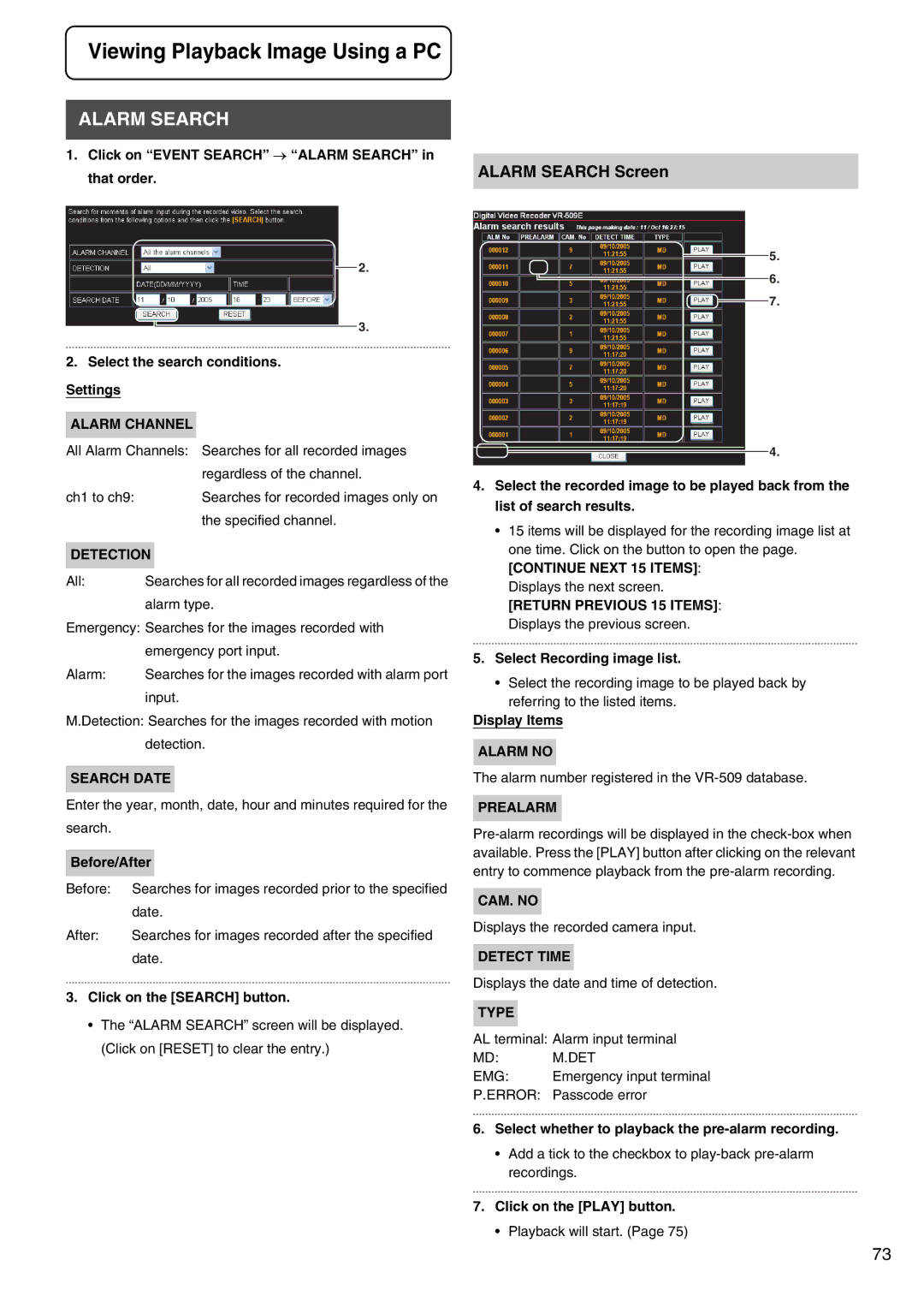 JVC VR-509E instruction manual Alarm Search Screen 