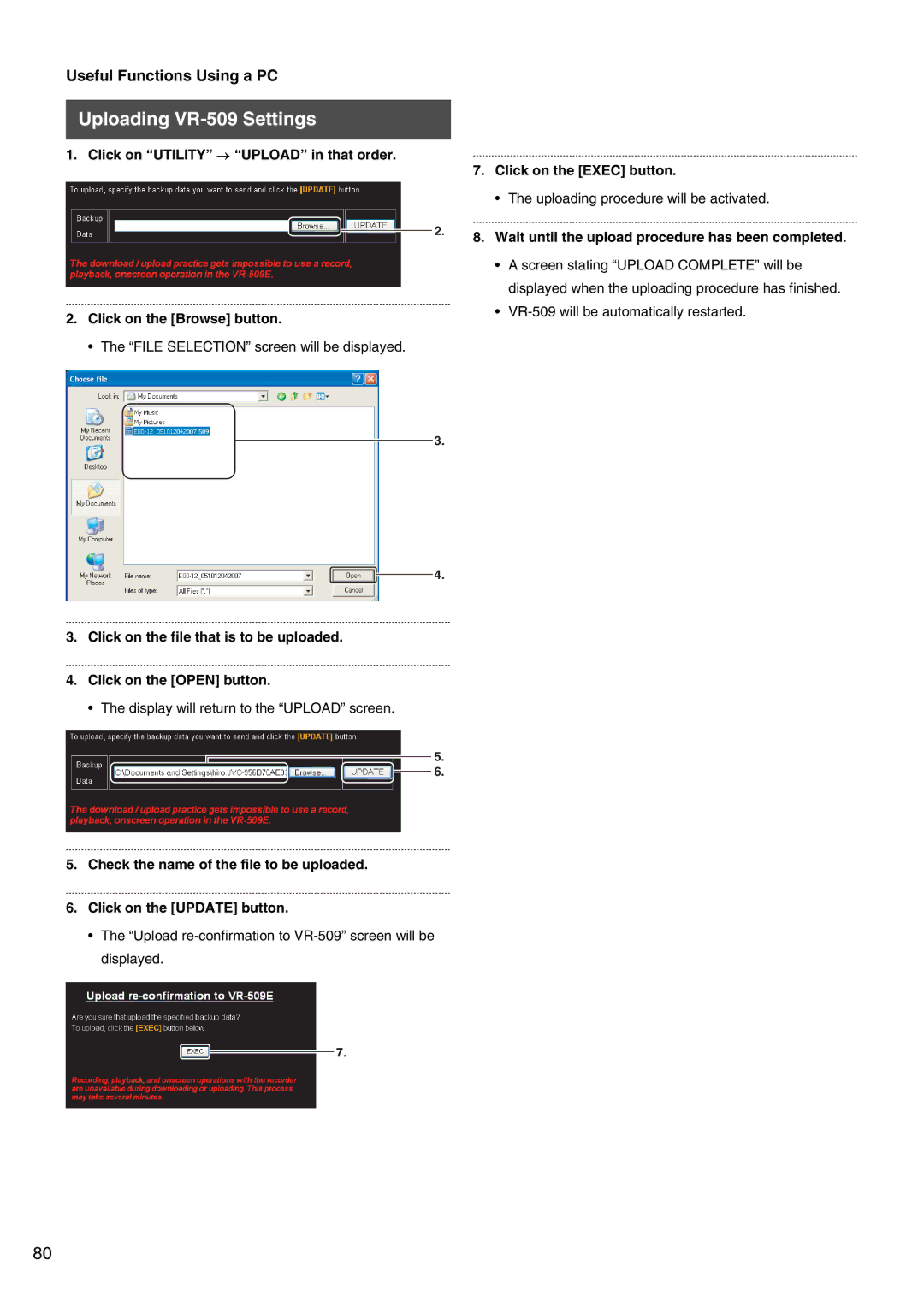 JVC VR-509E Uploading VR-509 Settings, File Selection screen will be displayed, Display will return to the Upload screen 