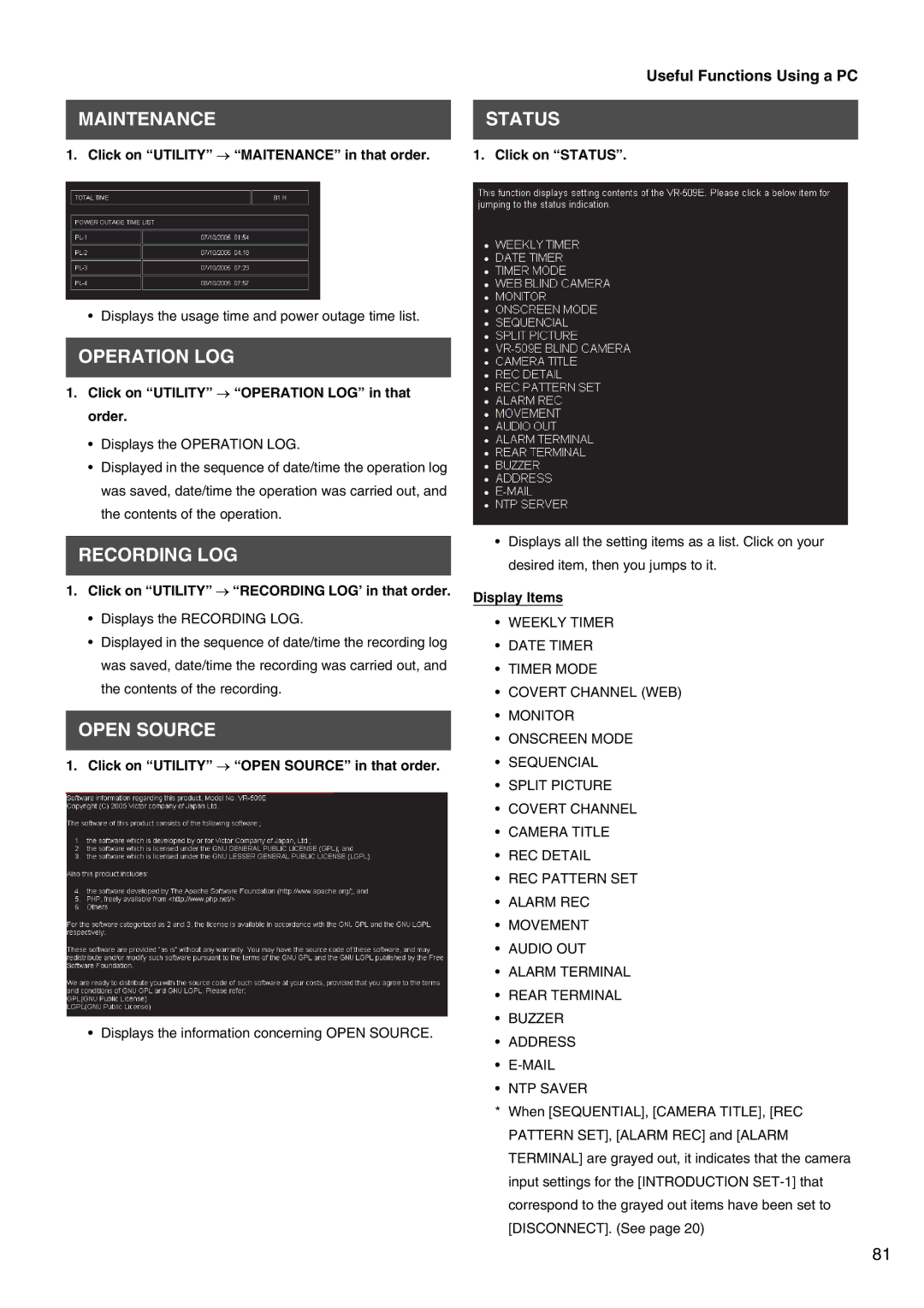 JVC VR-509E instruction manual Maintenance, Operation LOG, Recording LOG, Open Source, Status 