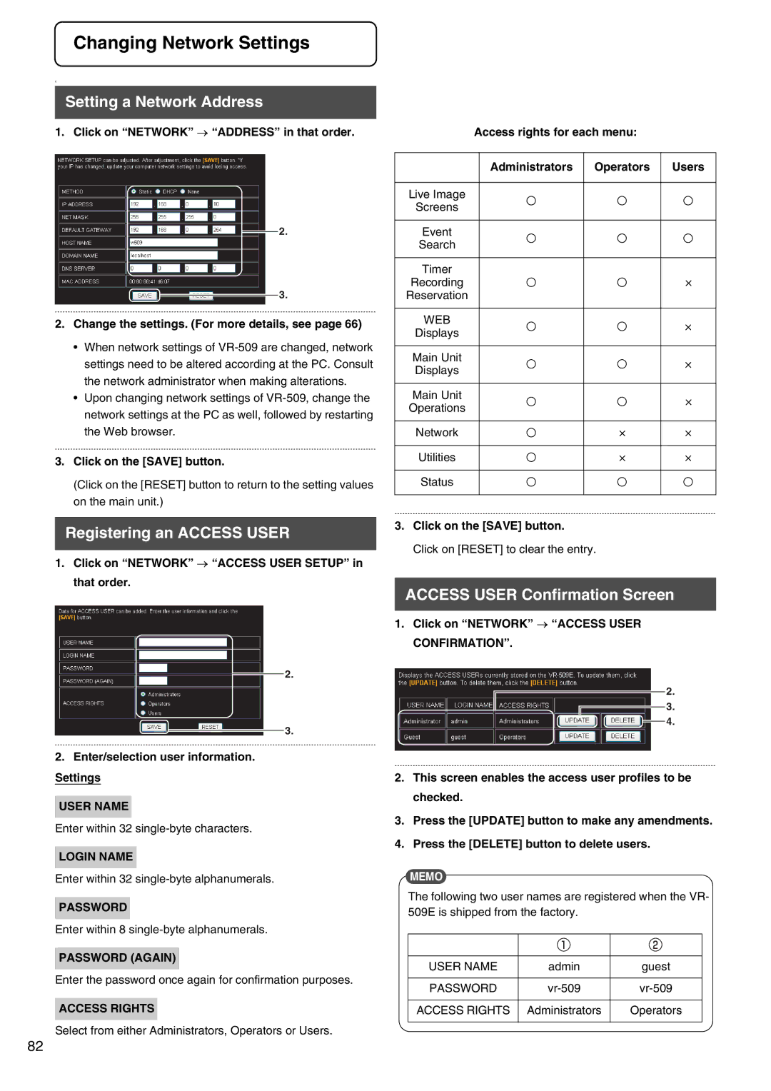 JVC VR-509E instruction manual Setting a Network Address, Registering an Access User, Access User Confirmation Screen 