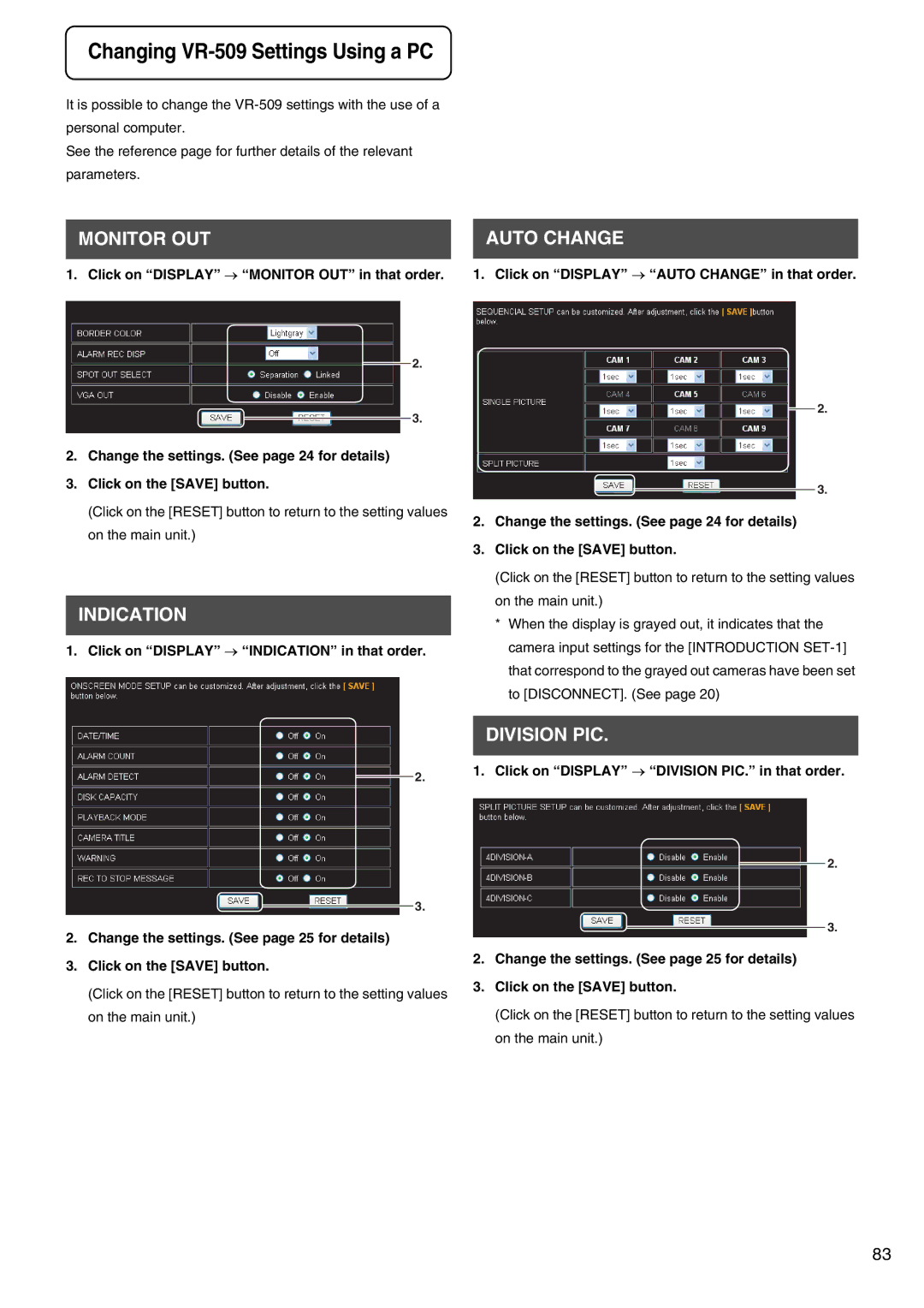 JVC VR-509E instruction manual Auto Change, Indication, Division PIC, Click on Display → Monitor OUT in that order 