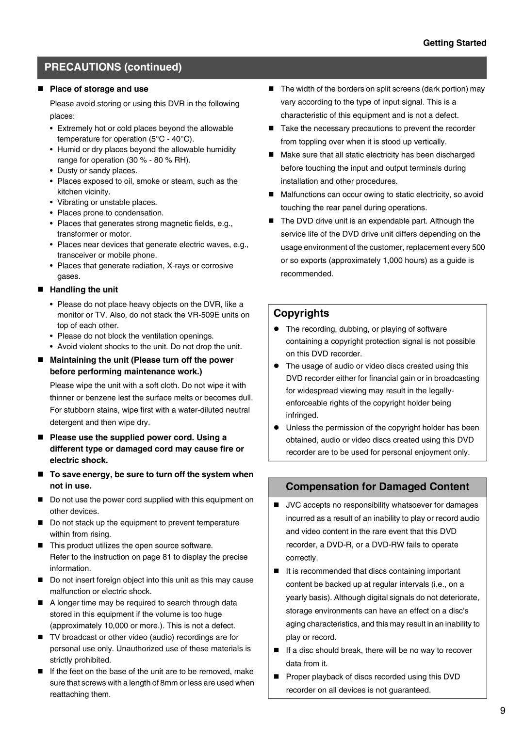 JVC VR-509E instruction manual Precautions, „ Place of storage and use 