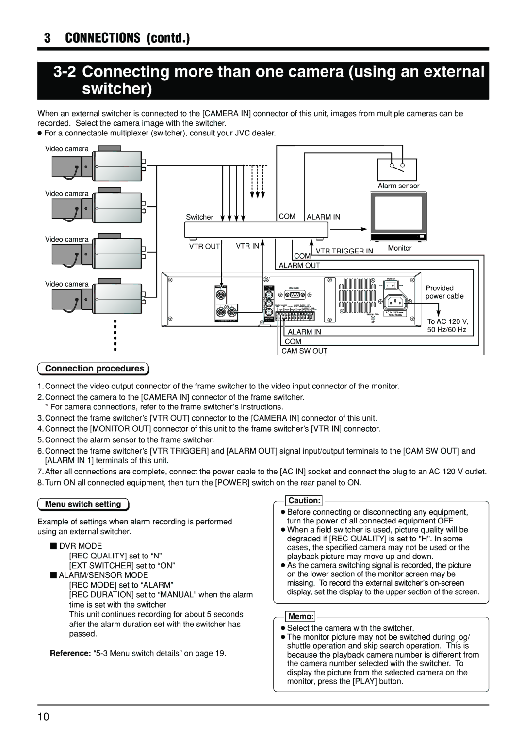 JVC VR-510U manual Connecting more than one camera using an external switcher, Connection procedures, Monitor, Power cable 