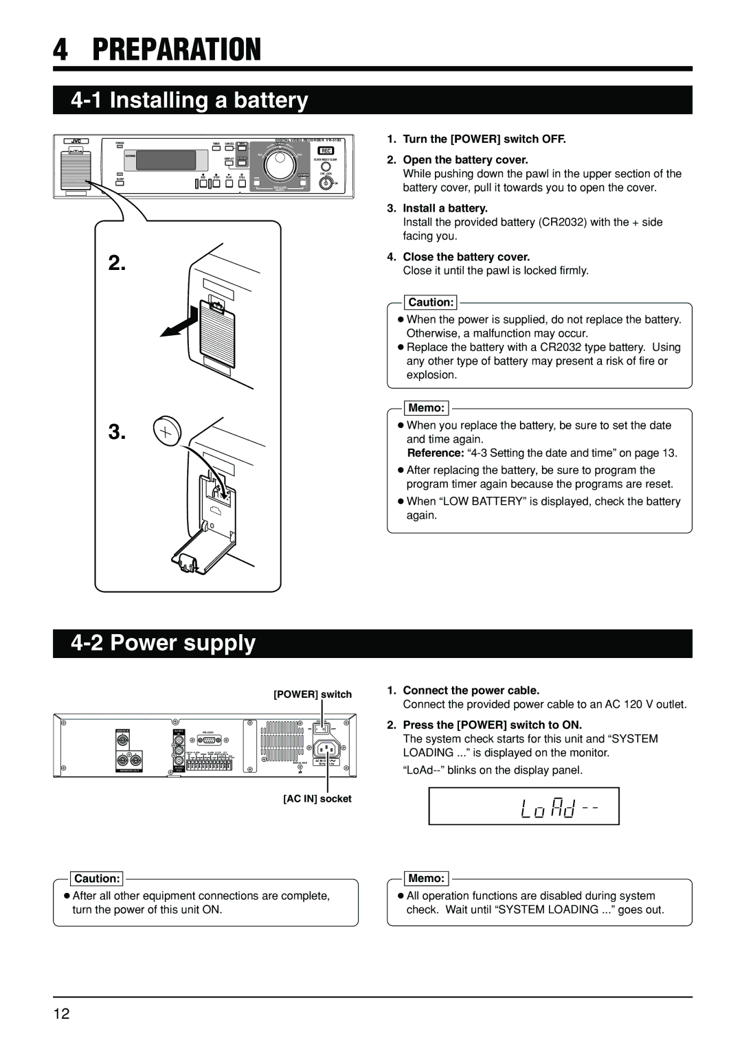 JVC VR-510U manual Preparation, Installing a battery, Power supply 