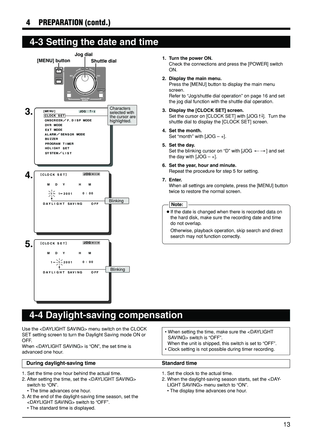 JVC VR-510U manual Setting the date and time, Daylight-saving compensation, During daylight-saving time Standard time 