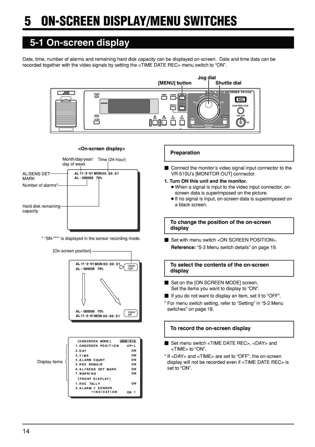 JVC VR-510U manual ON-SCREEN DISPLAY/MENU Switches, On-screen display 