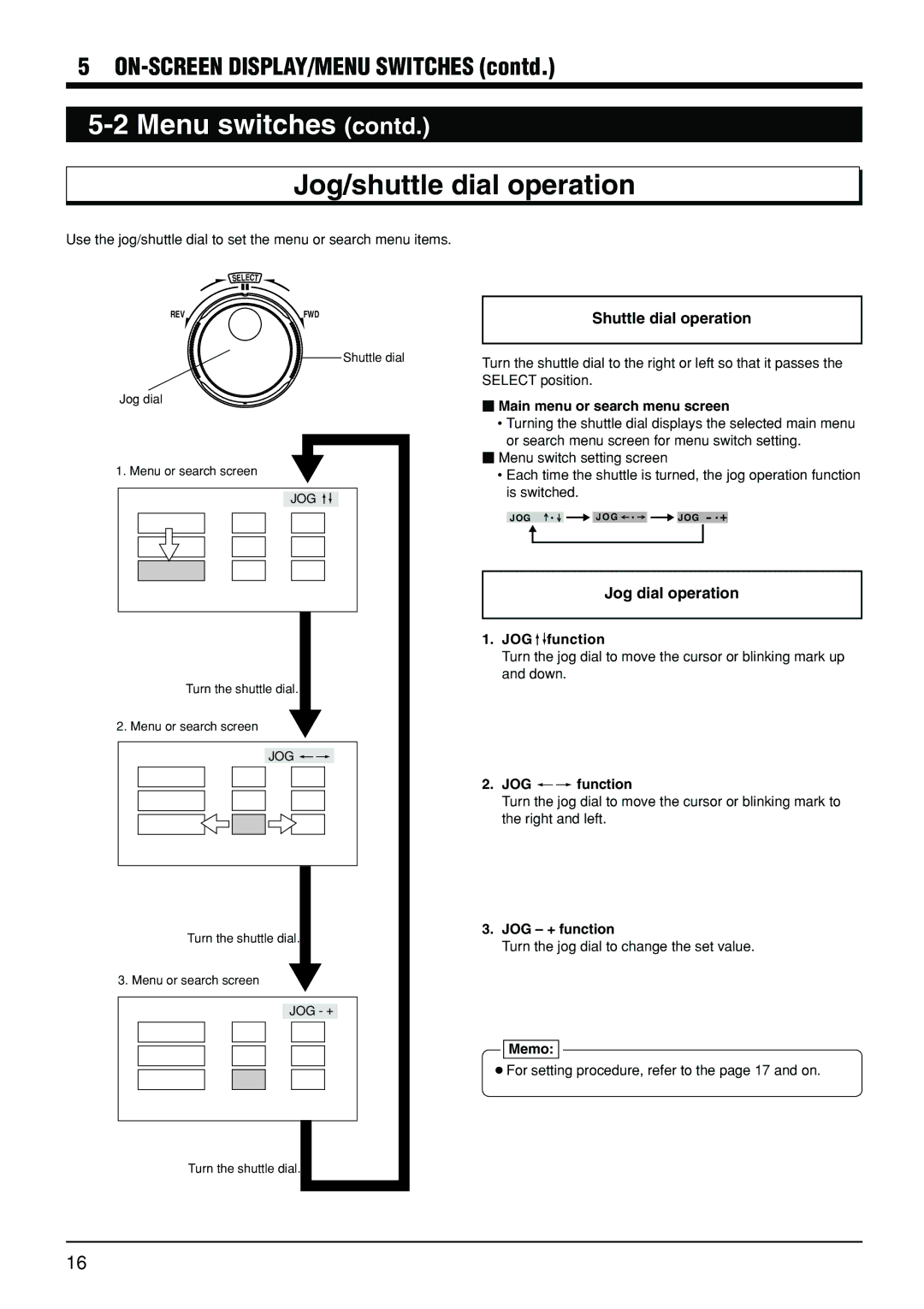 JVC VR-510U manual Menu switches contd, Jog/shuttle dial operation, Shuttle dial operation, Jog dial operation 