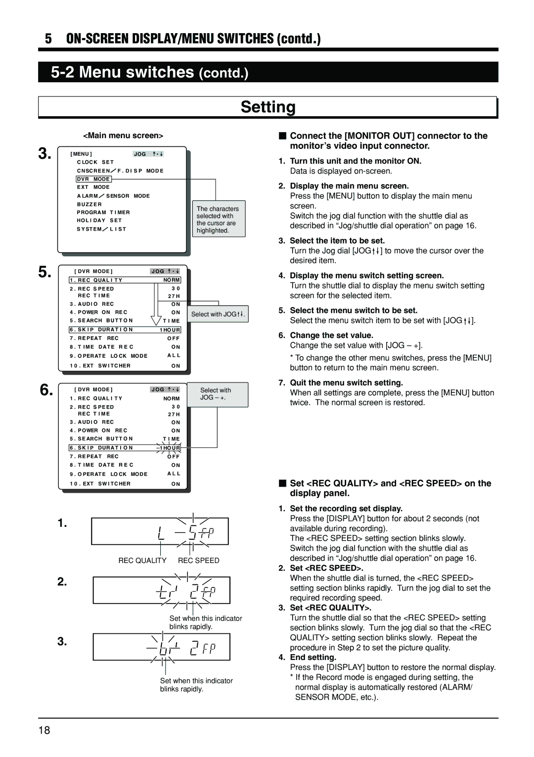 JVC VR-510U manual Setting,  Set REC Quality and REC Speed on the display panel 