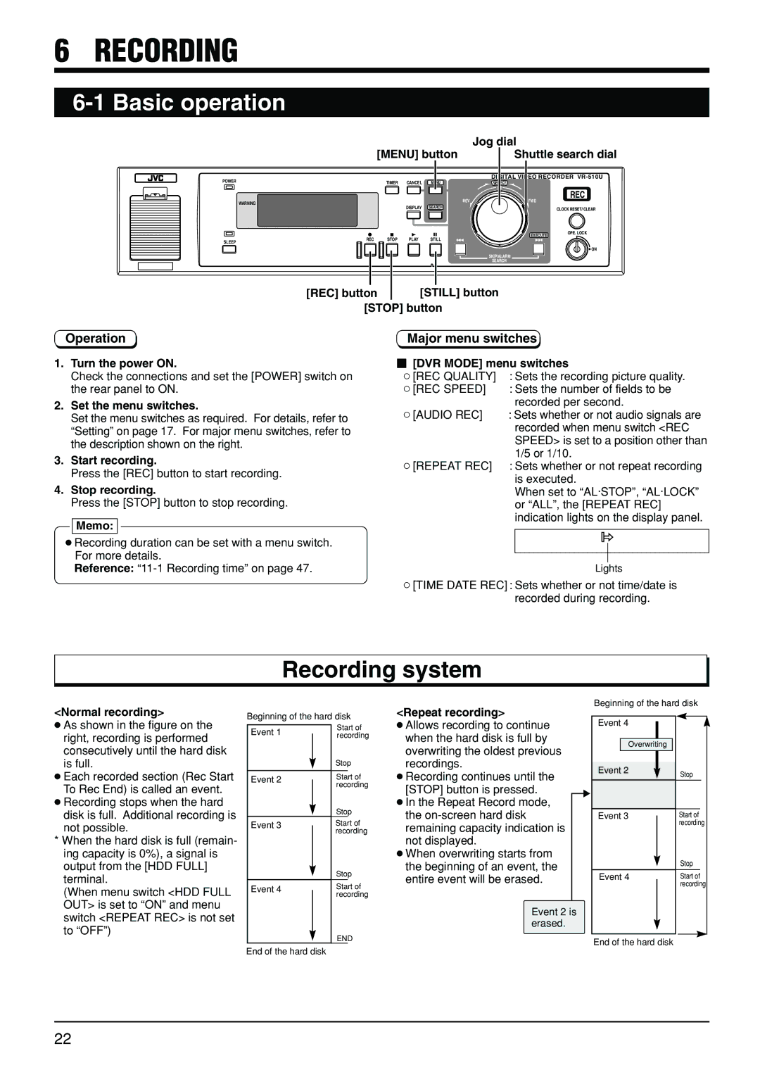 JVC VR-510U manual Basic operation, Recording system, Operation, Major menu switches 