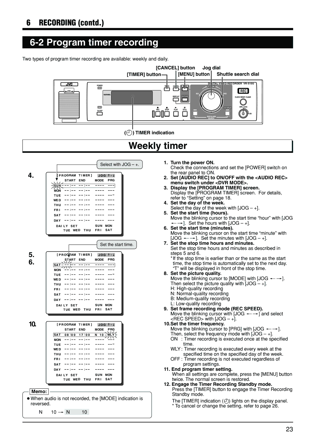 JVC VR-510U manual Program timer recording, Weekly timer 