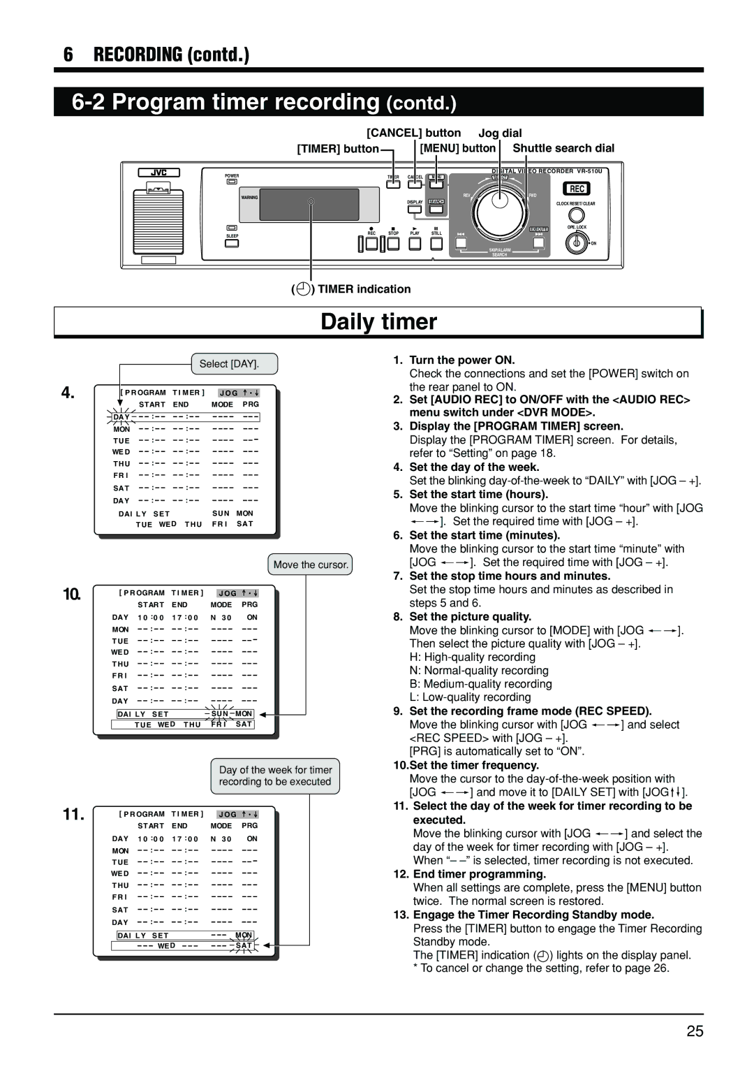 JVC VR-510U manual Daily timer, Move the cursor 