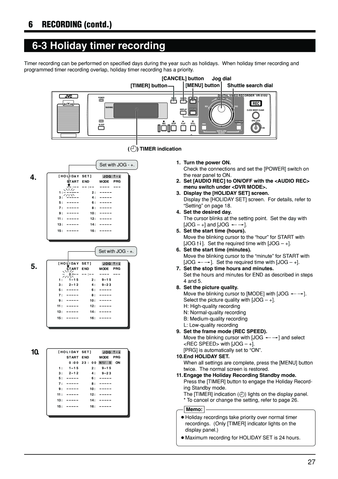 JVC VR-510U manual Holiday timer recording 