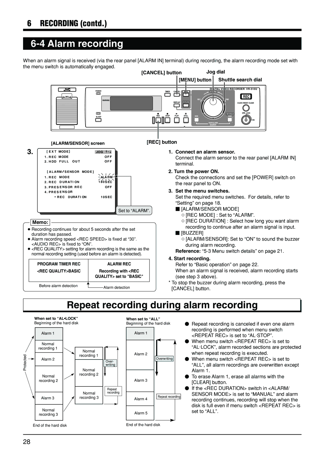 JVC VR-510U manual Alarm recording, Repeat recording during alarm recording, Cancel button Jog dial, REC button 