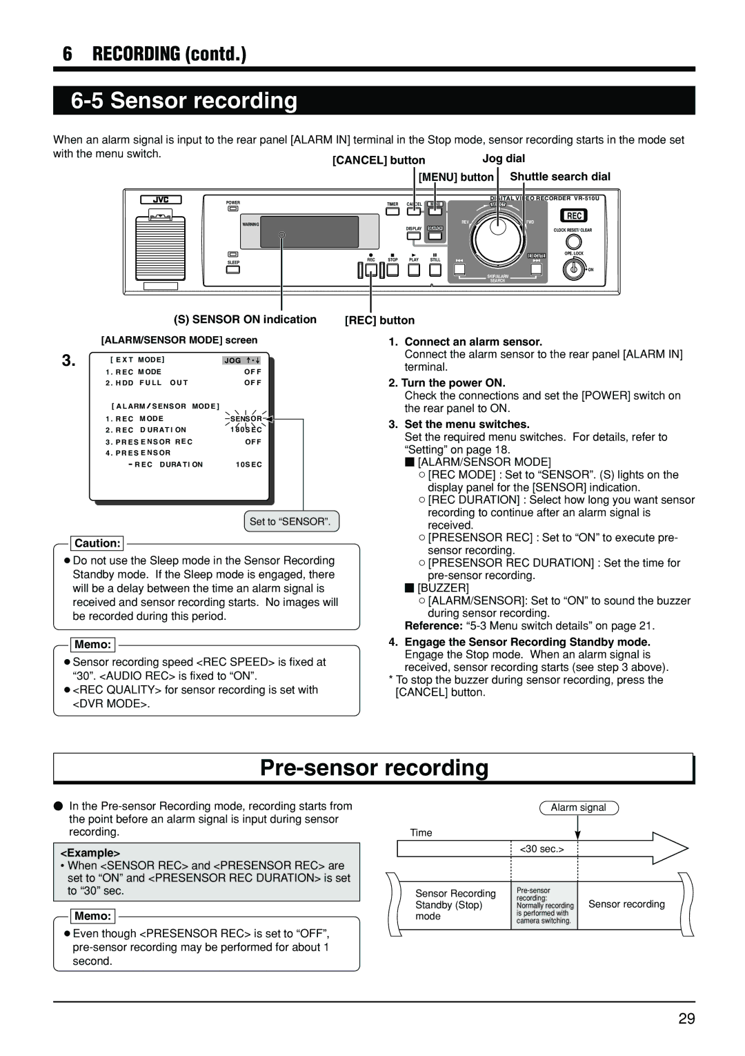 JVC VR-510U manual Pre-sensor recording, Example 