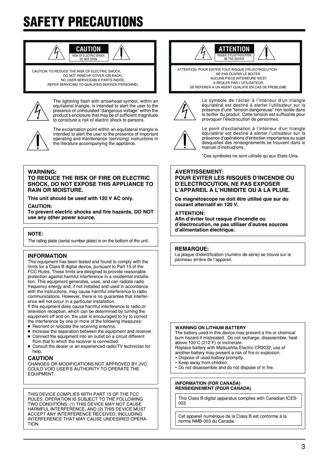 JVC VR-510U manual Safety Precautions, Information 