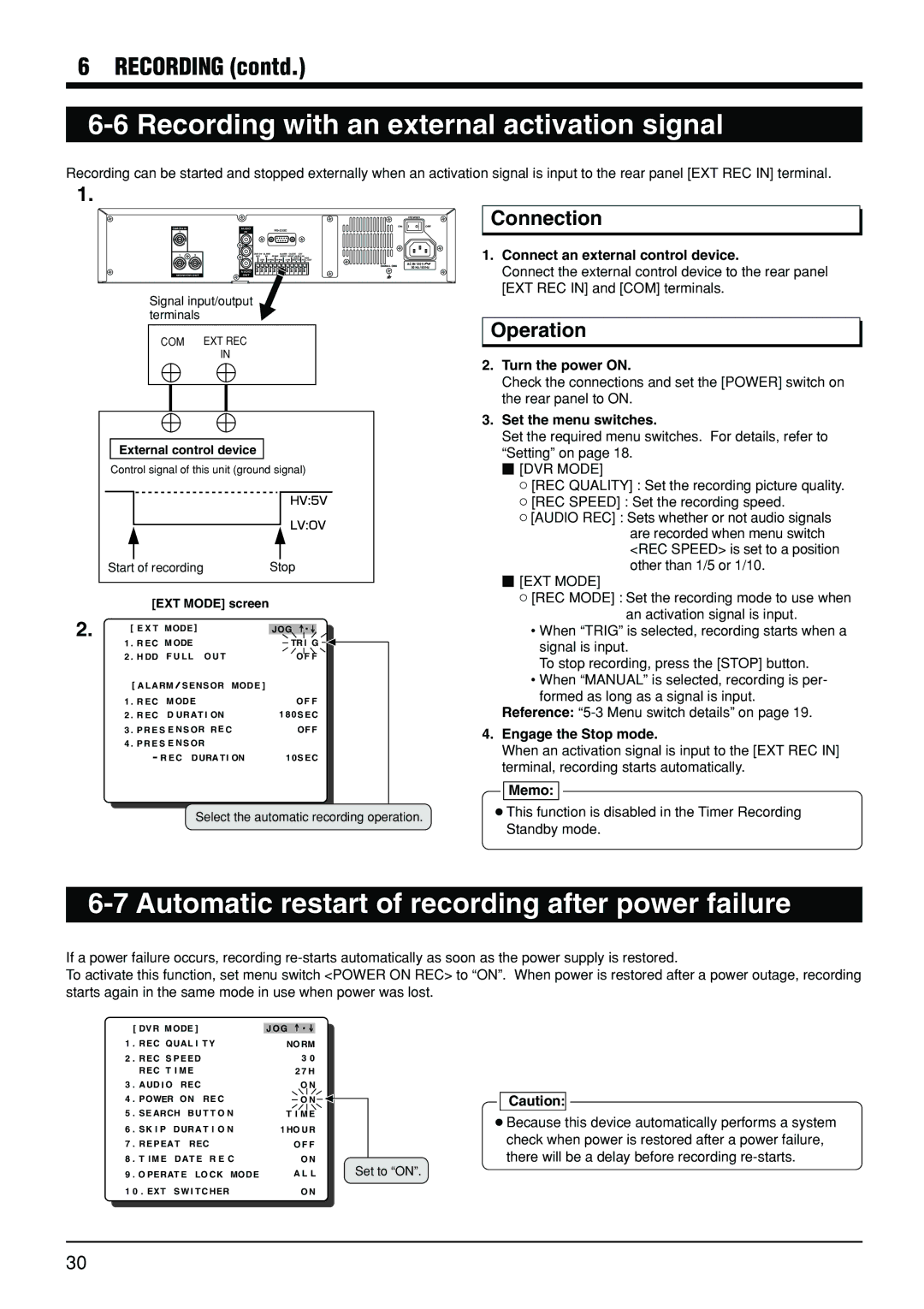 JVC VR-510U Recording with an external activation signal, Automatic restart of recording after power failure, Connection 