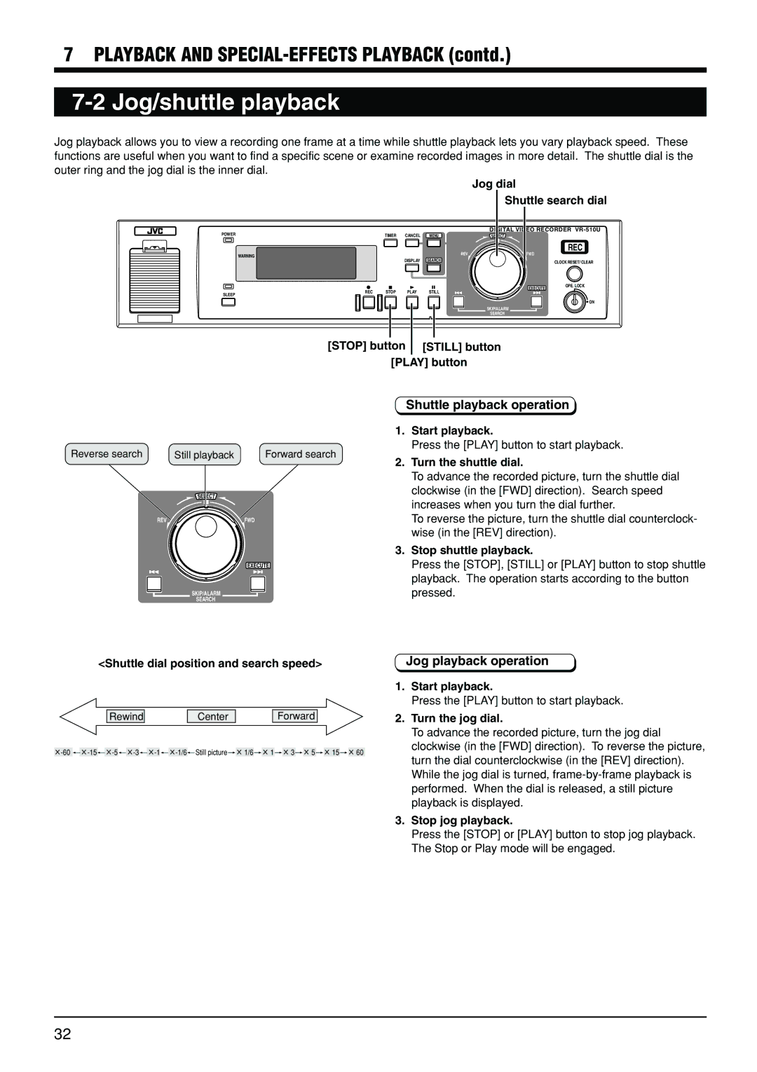 JVC VR-510U manual Jog/shuttle playback, Shuttle playback operation, Jog playback operation 