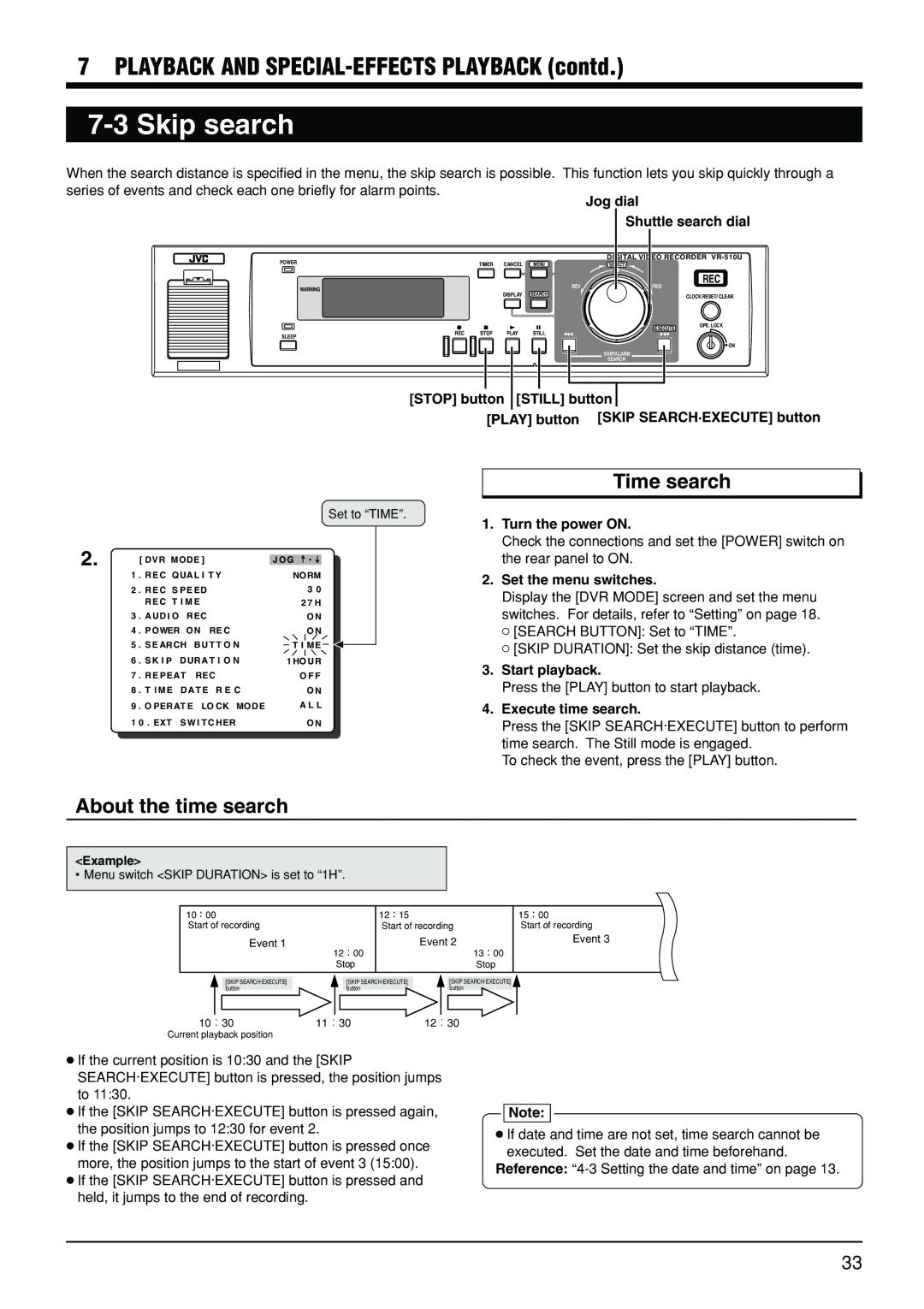 JVC VR-510U manual Skip search, Time search, About the time search, Execute time search 