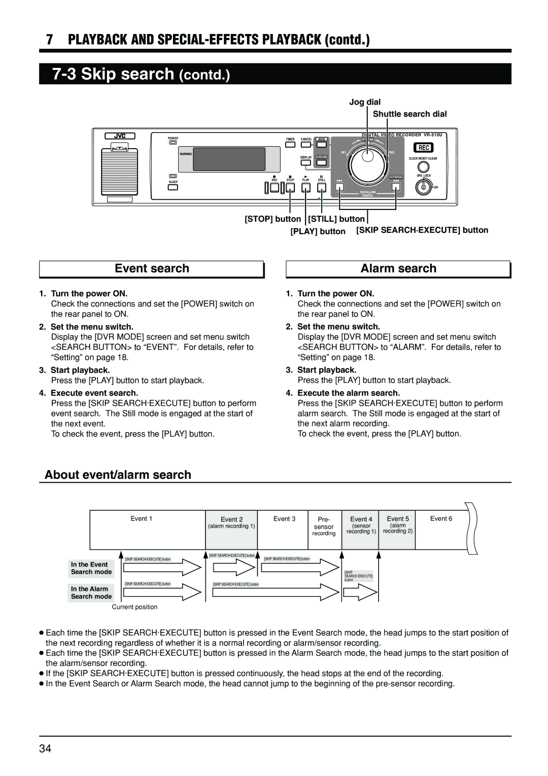 JVC VR-510U manual Skip search contd, Event search, Alarm search, About event/alarm search 