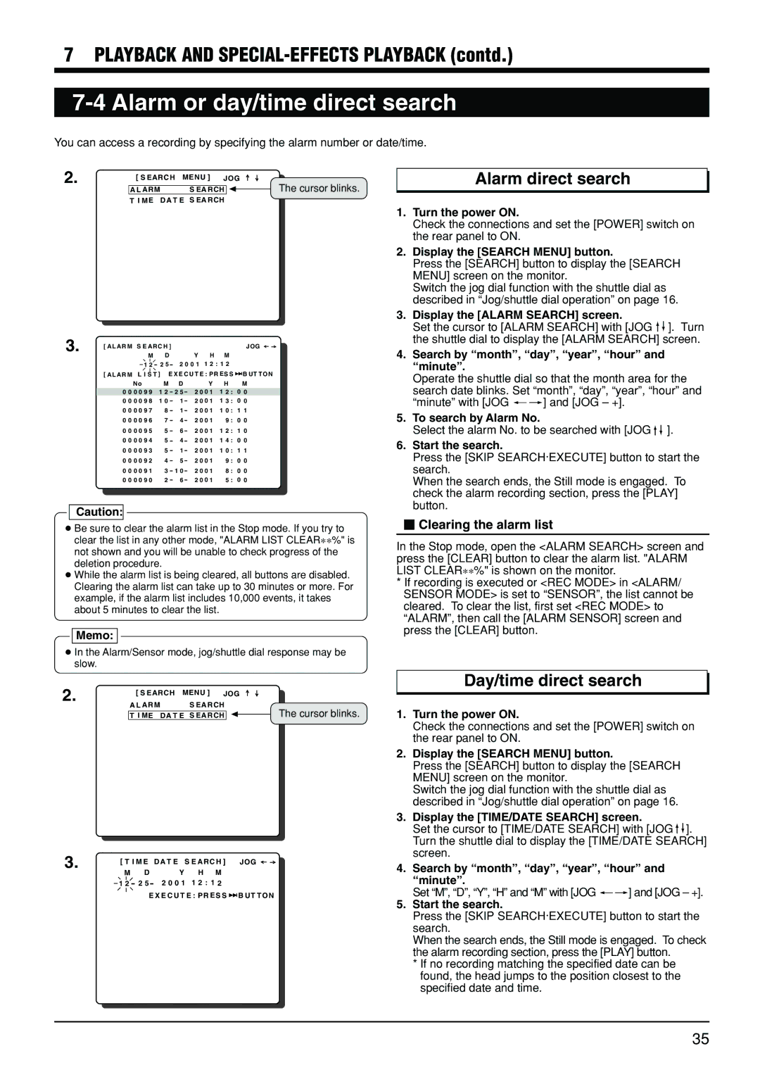 JVC VR-510U manual Alarm or day/time direct search, Alarm direct search, Day/time direct search,  Clearing the alarm list 