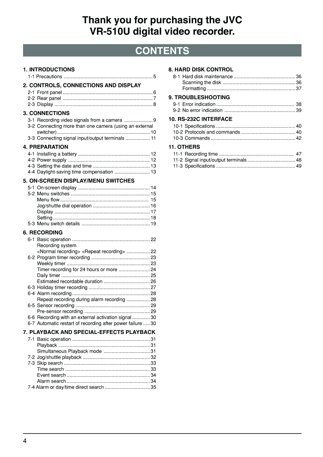 JVC VR-510U manual Contents 