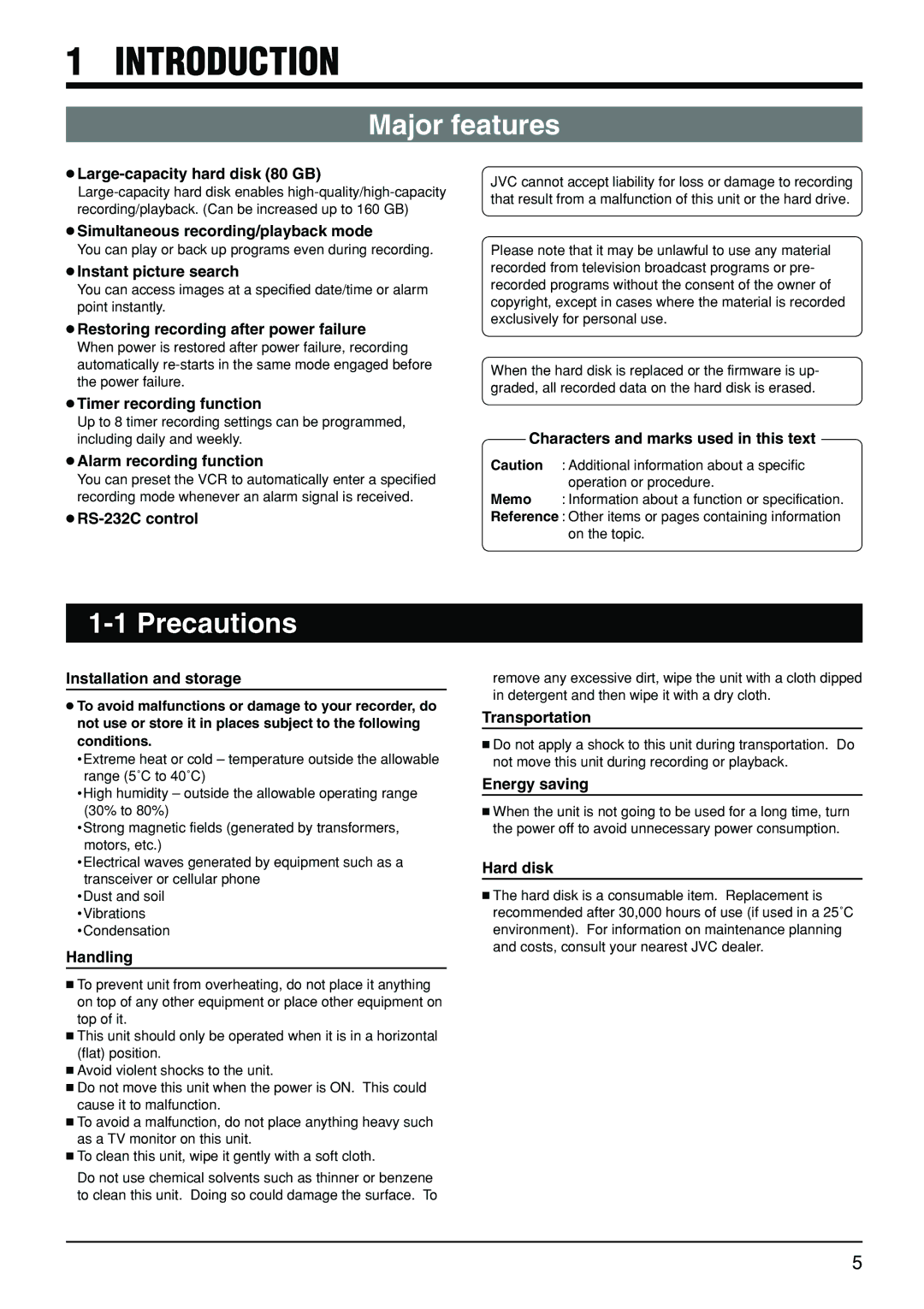 JVC VR-510U manual Introduction, Major features, Precautions 