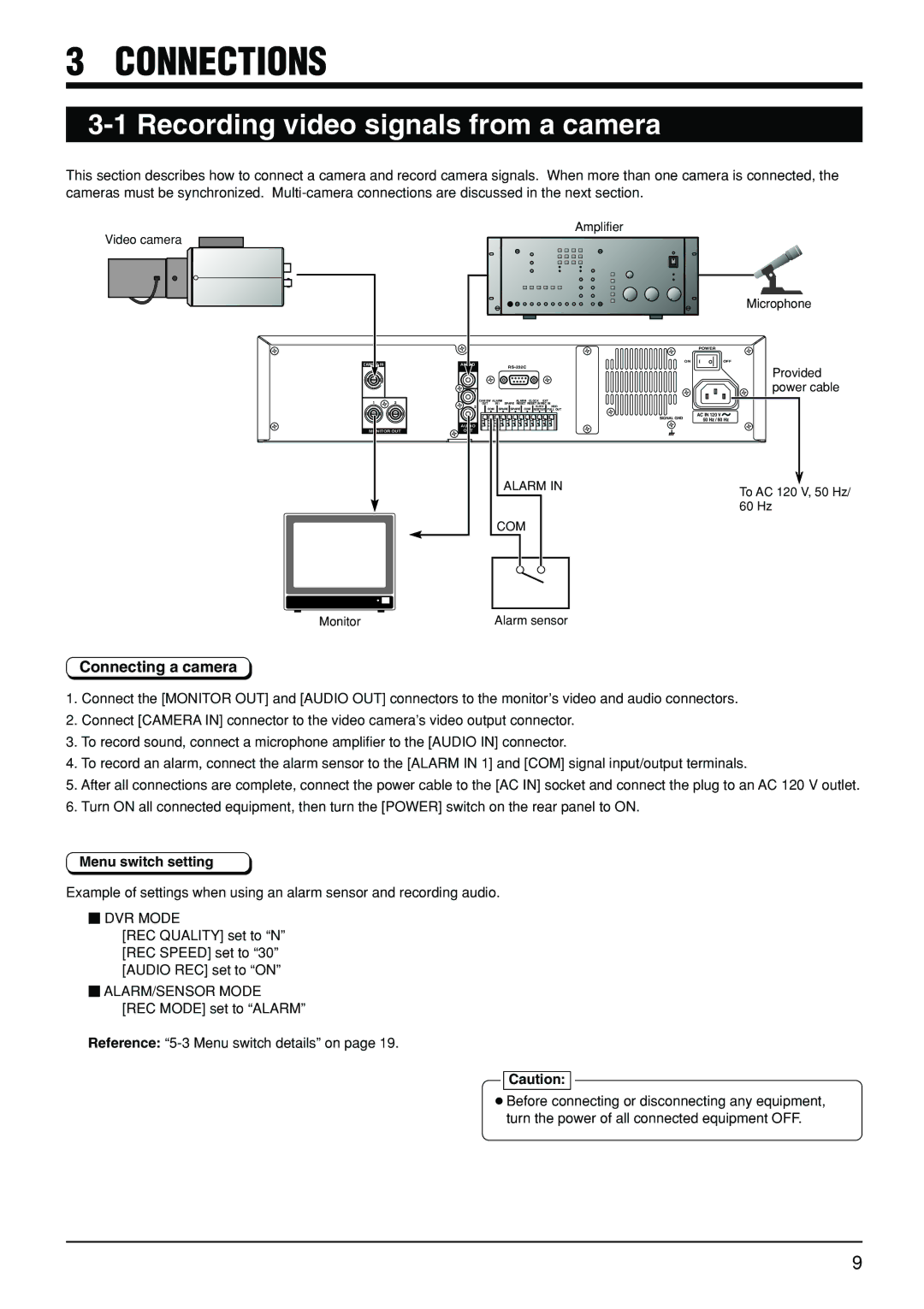 JVC VR-510U manual Connections, Recording video signals from a camera, Connecting a camera, Menu switch setting 