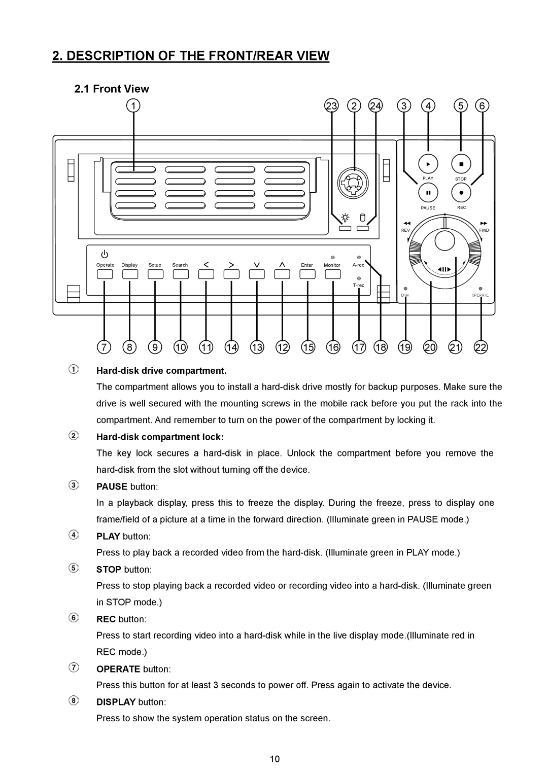 JVC VR 601 instruction manual Front View, Hard-disk drive compartment, Hard-disk compartment lock, Operate button 