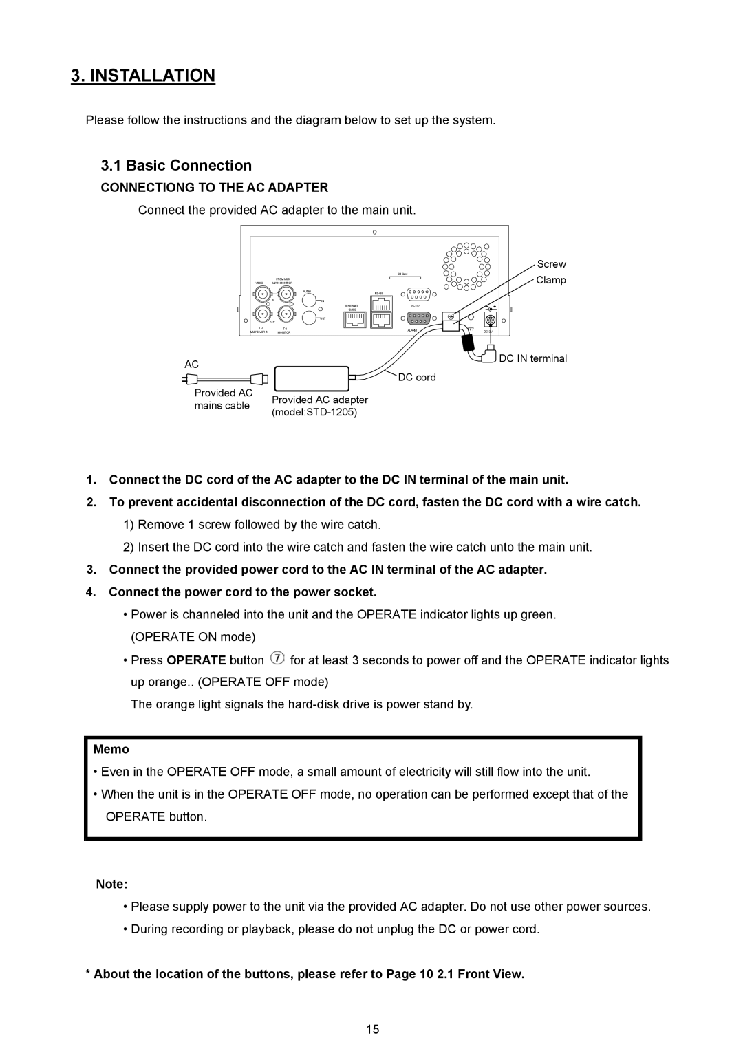 JVC VR 601 instruction manual Basic Connection, Connectiong to the AC Adapter, Memo 