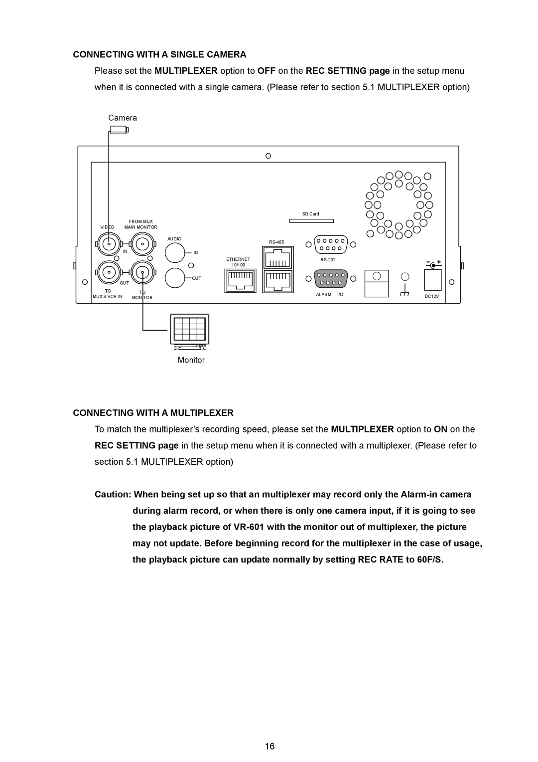 JVC VR 601 instruction manual Connecting with a Single Camera, Connecting with a Multiplexer 