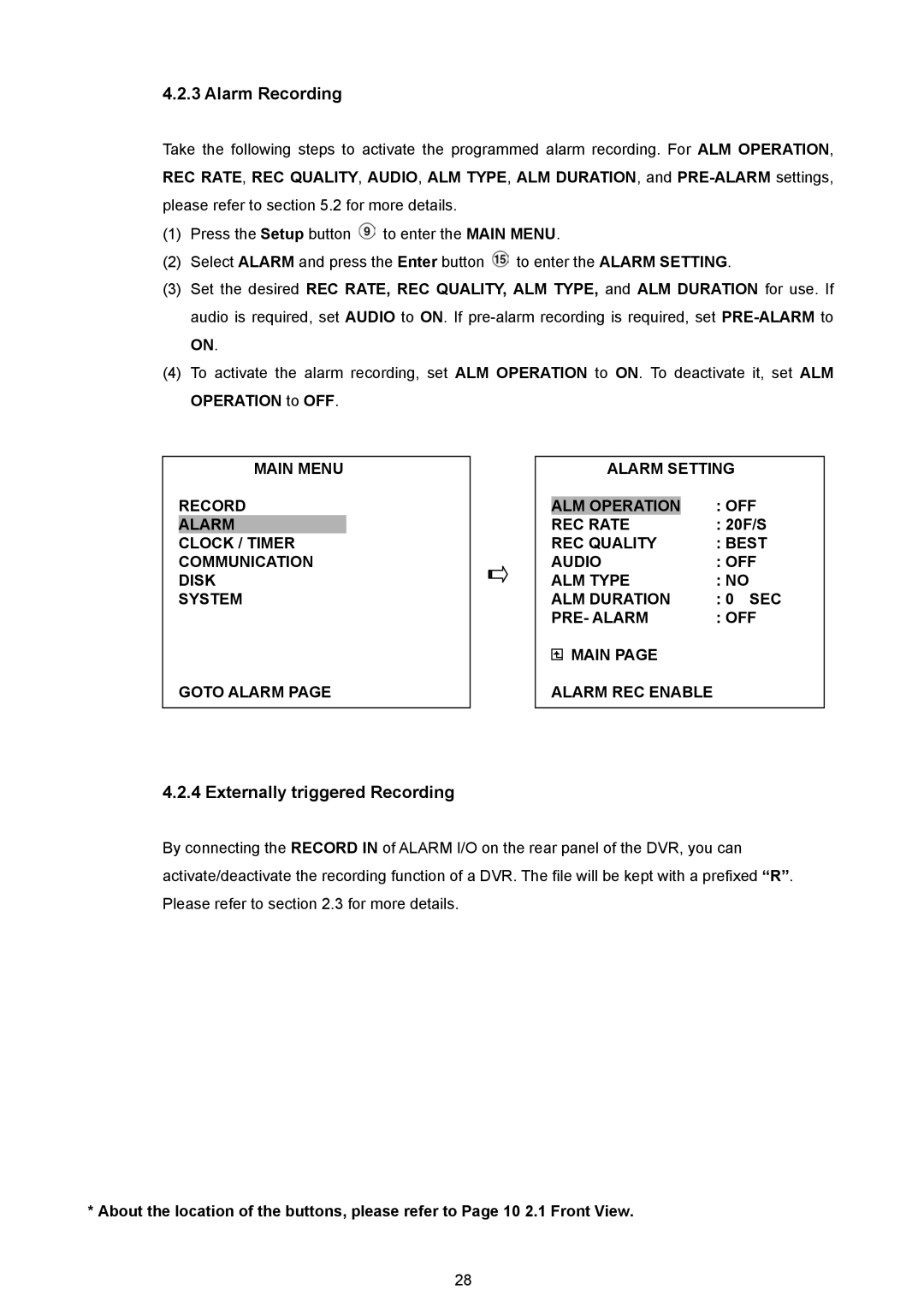 JVC VR 601 Alarm Recording, Externally triggered Recording, REC Quality Best Audio OFF ALM Type ALM Duration 