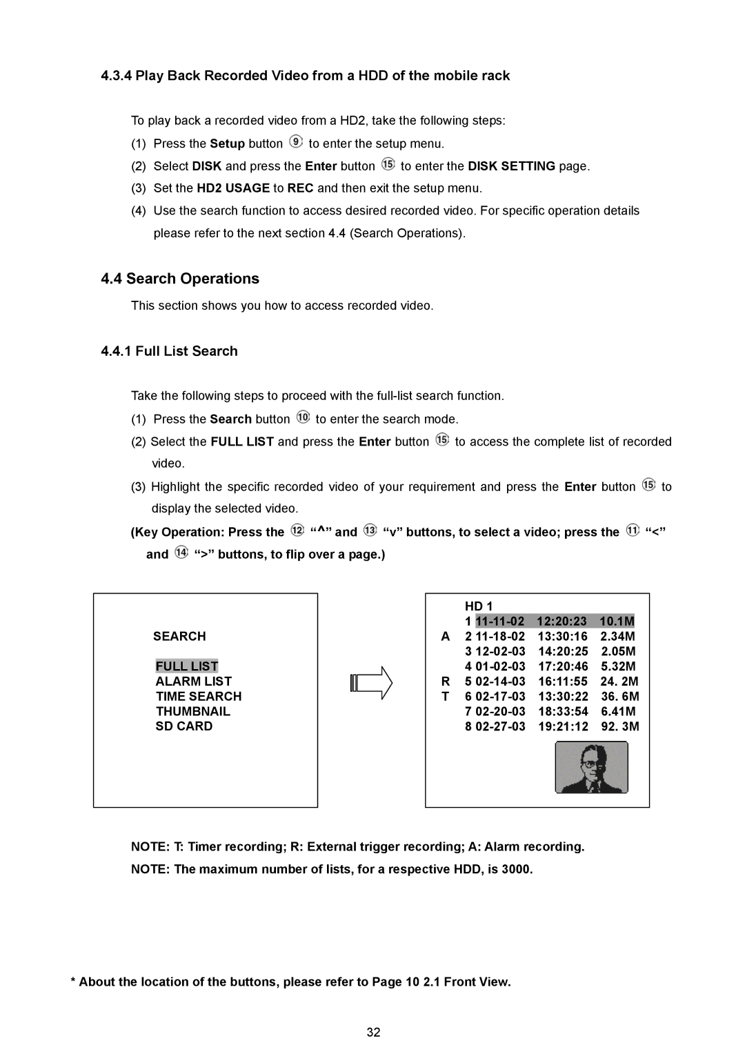 JVC VR 601 instruction manual Search Operations, Play Back Recorded Video from a HDD of the mobile rack, Full List Search 