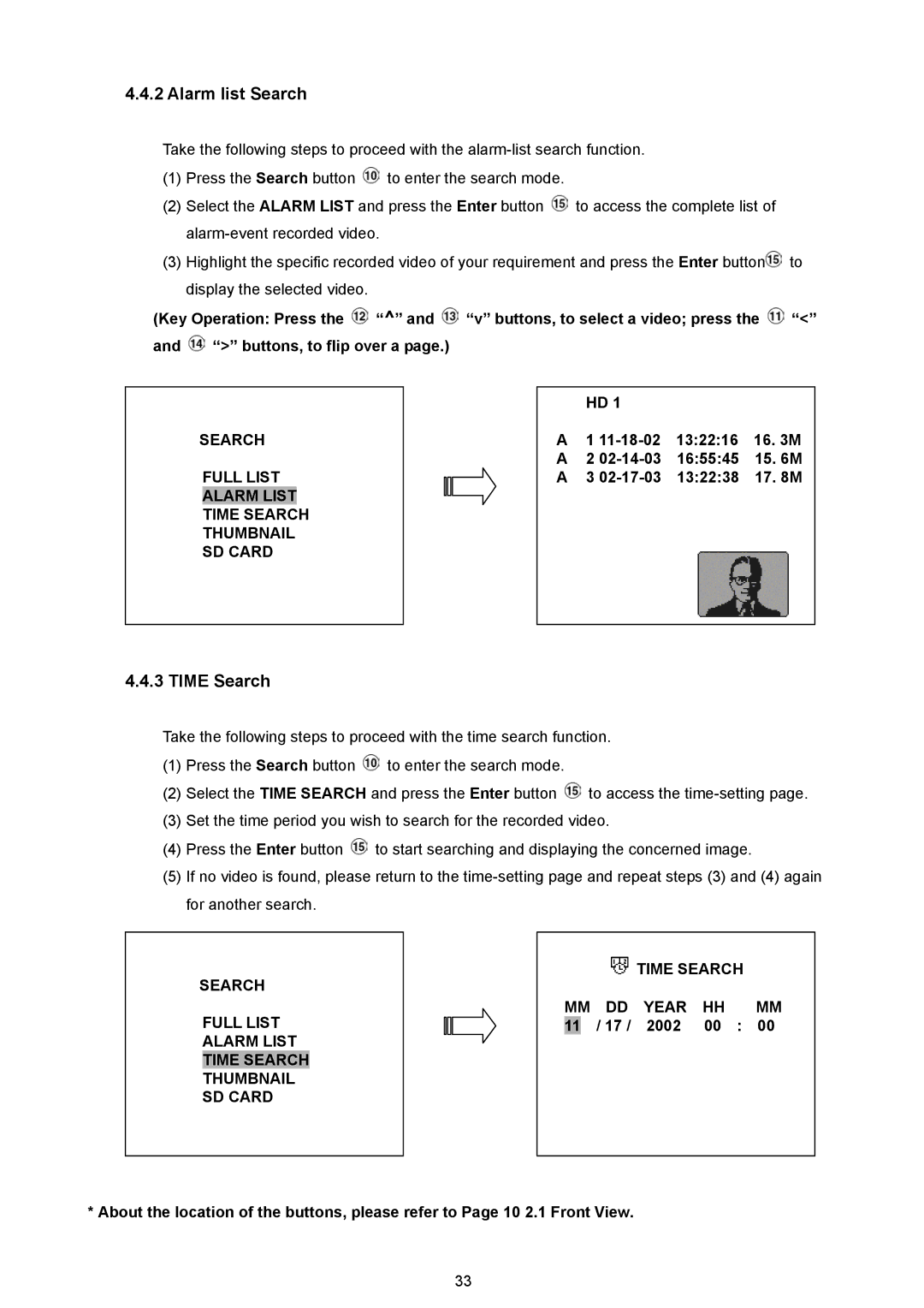 JVC VR 601 instruction manual Alarm list Search, Time Search, Alarm List, Thumbnail SD Card 