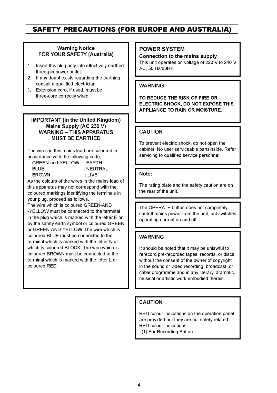 JVC VR 601 instruction manual Power System, For Your Safety Australia, Important In the United Kingdom Mains Supply AC 230 