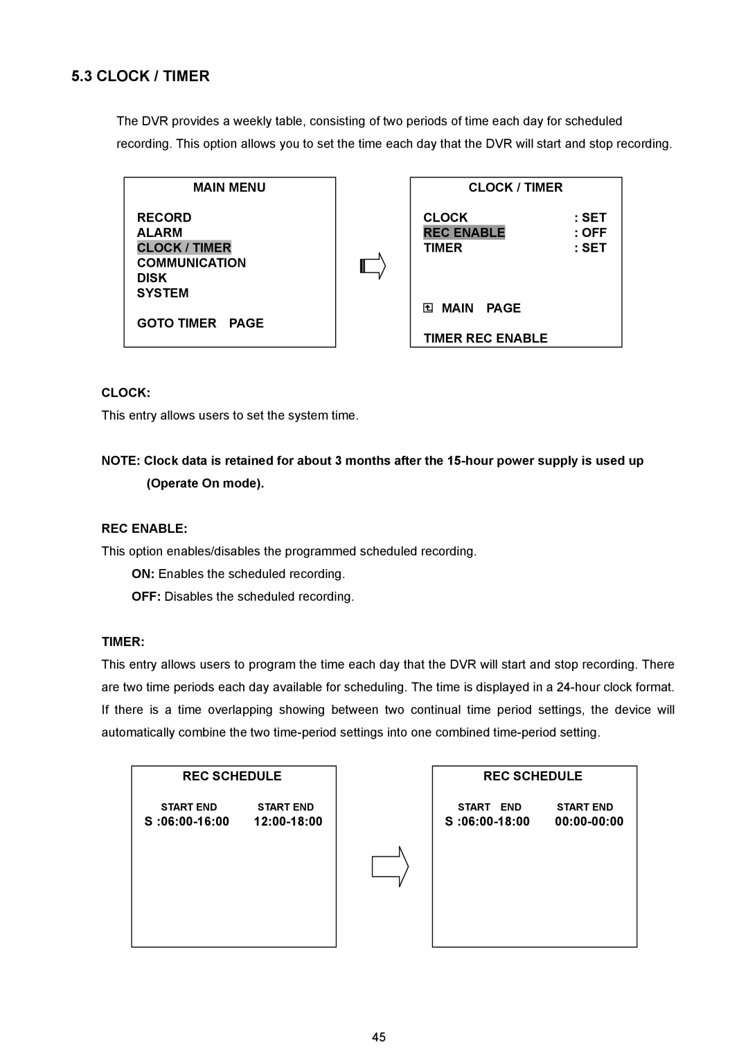 JVC VR 601 instruction manual Clock / Timer SET REC Enable OFF Main Timer REC Enable, REC Schedule 